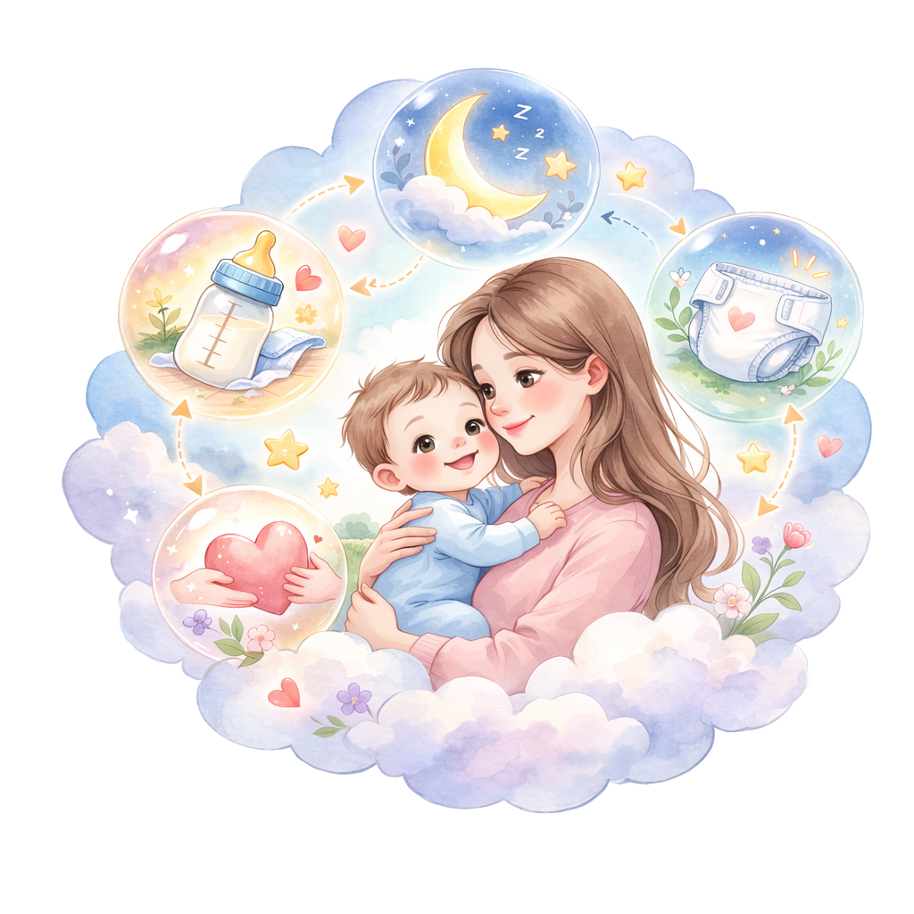 Illustration of a parent holding a baby with baby care symbols